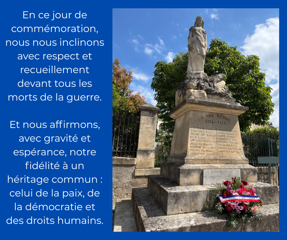 En ce jour de commmoration nous nous inclinons avec respect et recueillement devant tous les morts de la guerre Et nous affirmons avec gravit et esprance notre fidlit un hritage commun